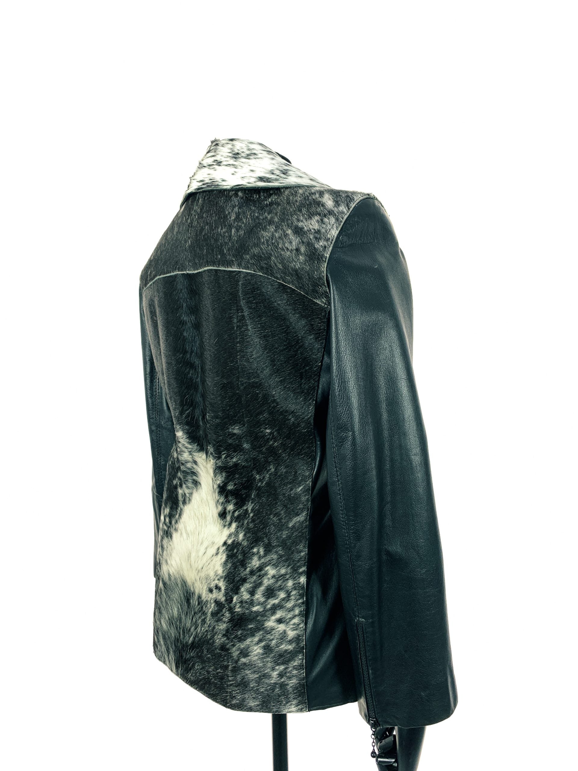 Natural White And Black Nguni Jacket With Black Nappa Leather Sleeves