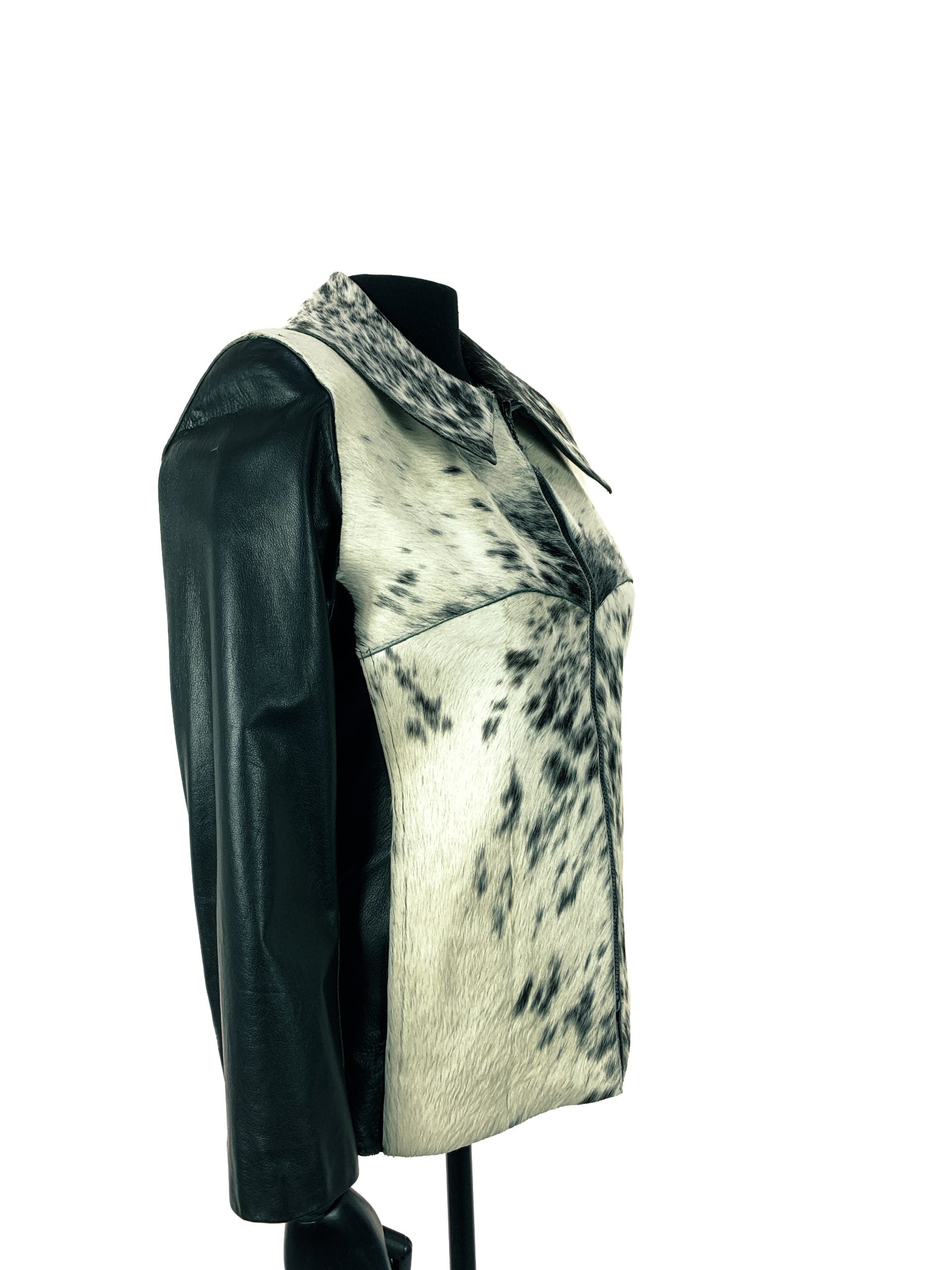 Natural White And Black Nguni Jacket With Black Nappa Leather Sleeves