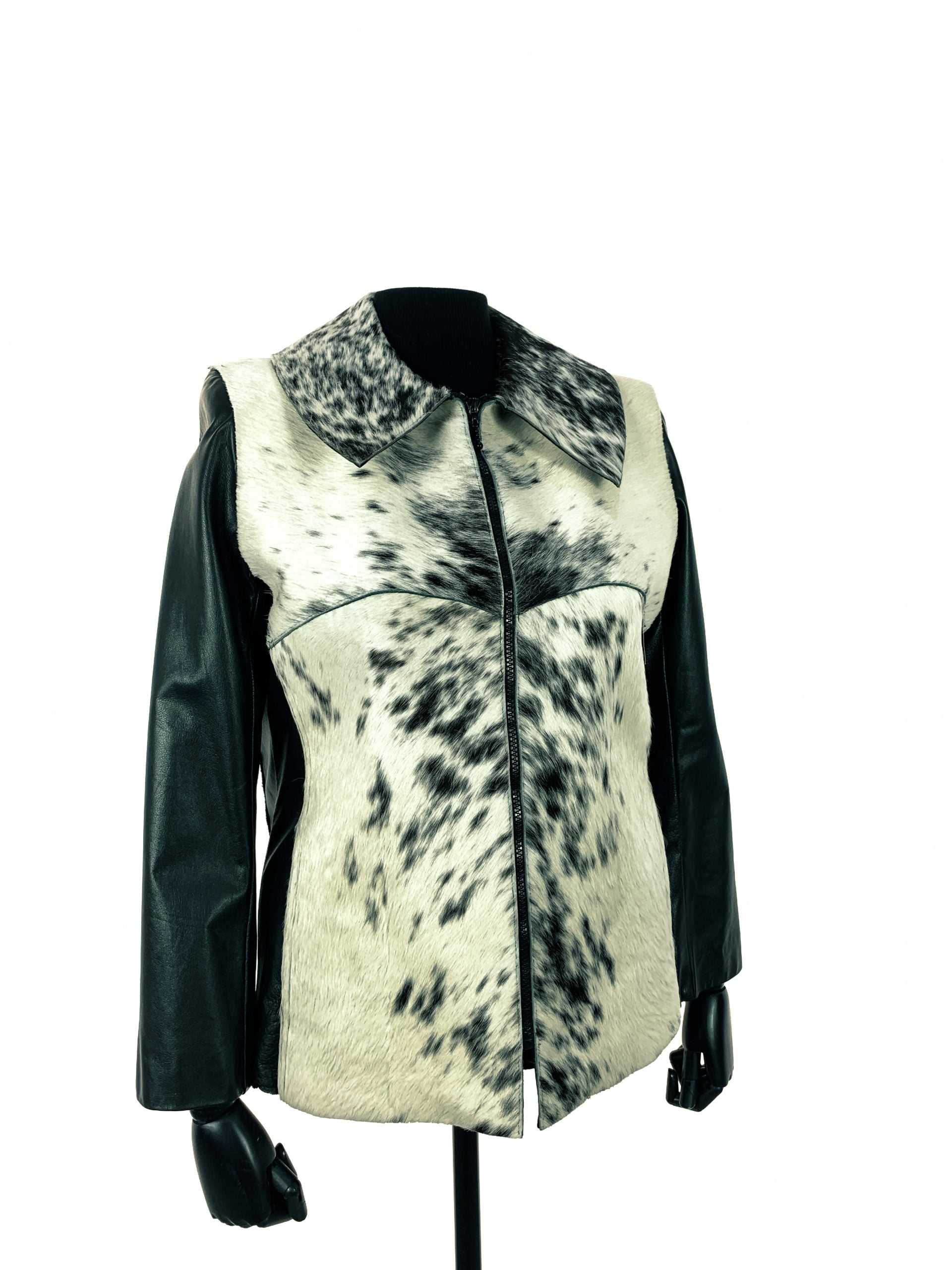 Natural White And Black Nguni Jacket With Black Nappa Leather Sleeves