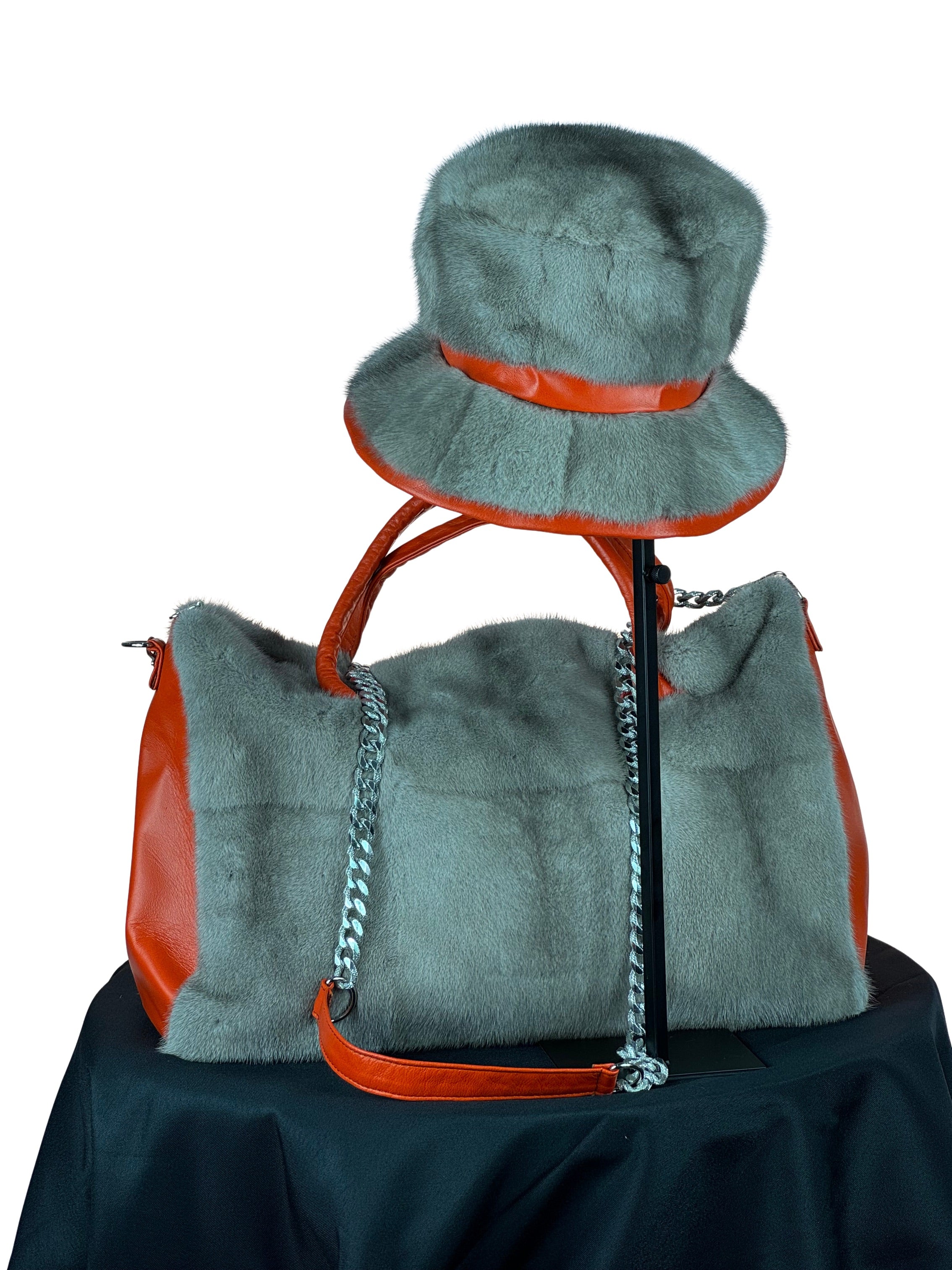 "Perfectly Paired" Large Bag With Matching Hat.Grey Mink & Orange Leather Inserts.