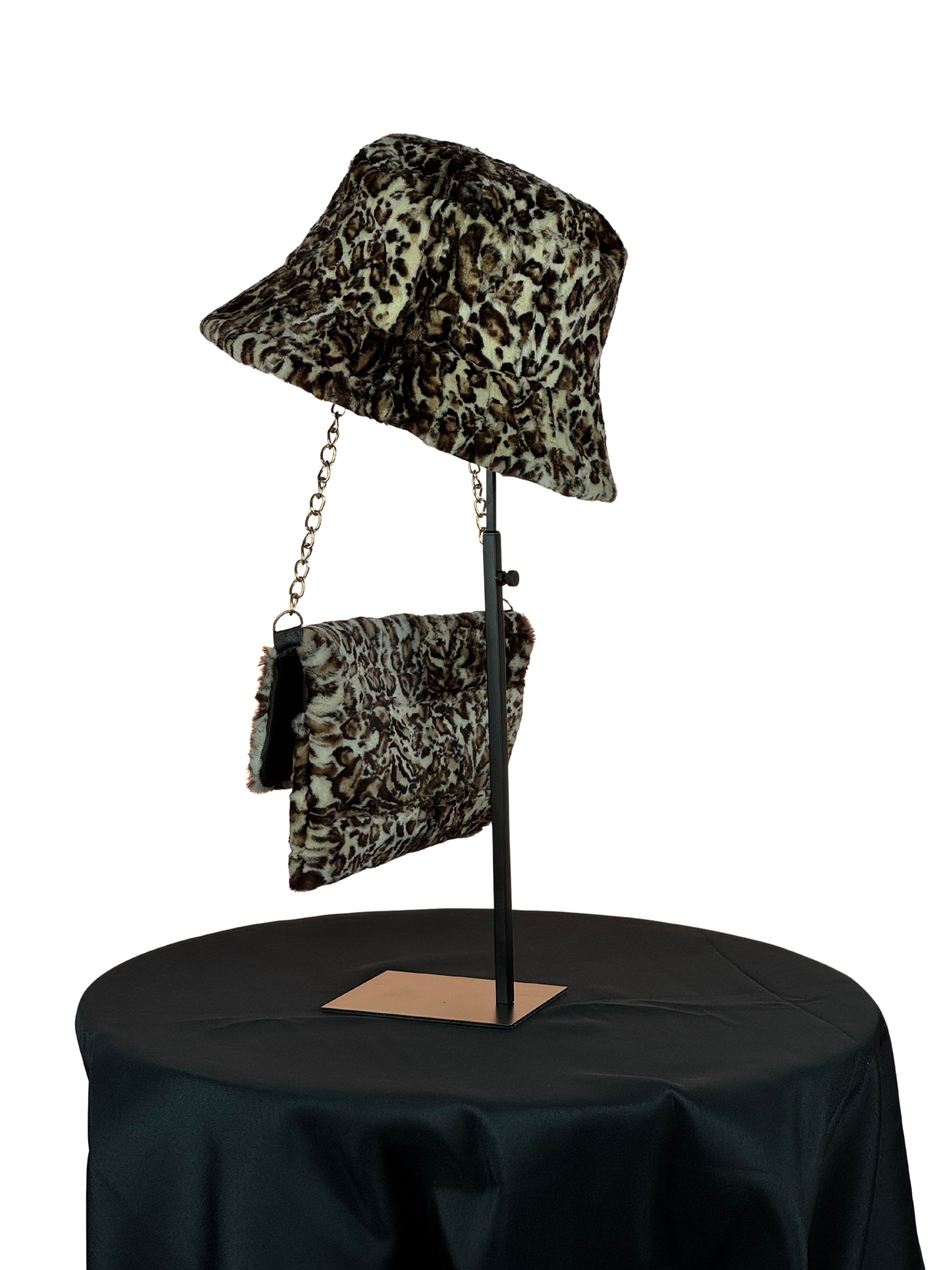 "The Fur Duet" Wild Print Sheared Mink Piece Stylish Chain Clutch Bag With Matching Hat.