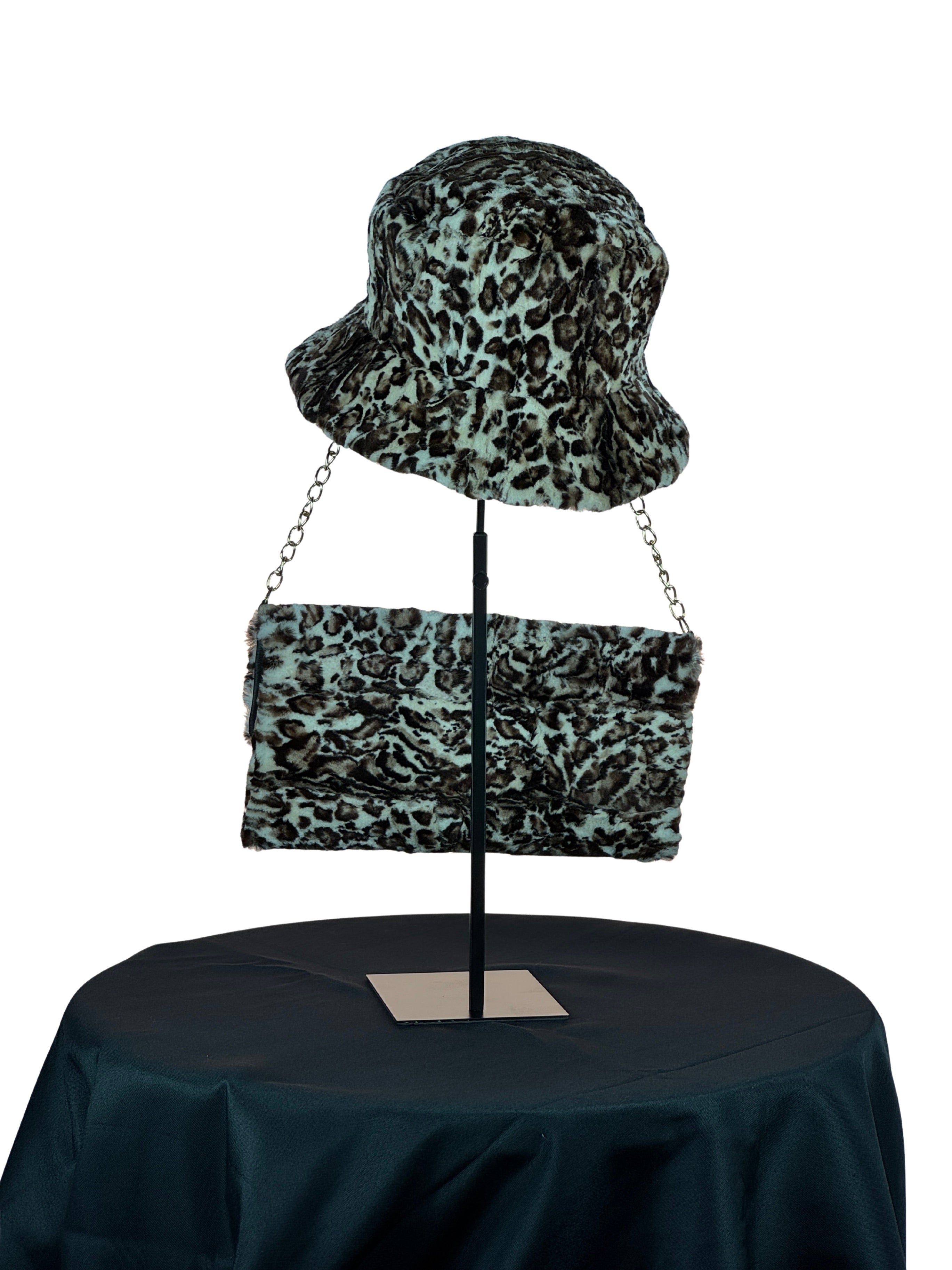 "The Fur Duet" Wild Print Sheared Mink Piece Stylish Chain Clutch Bag With Matching Hat.