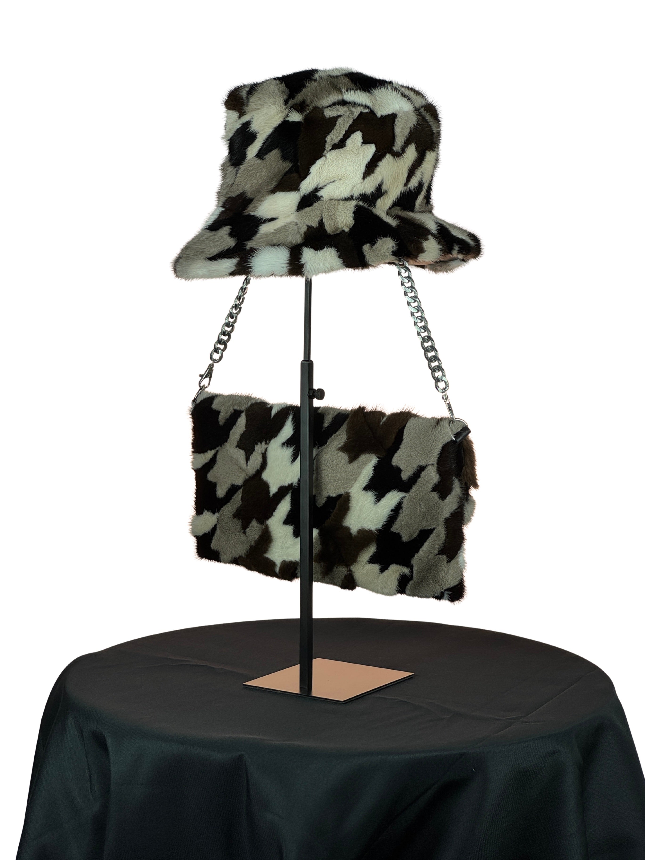 "The Fur Duet" Multi Mink Piece Stylish Chain Clutch Bag With Matching Hat