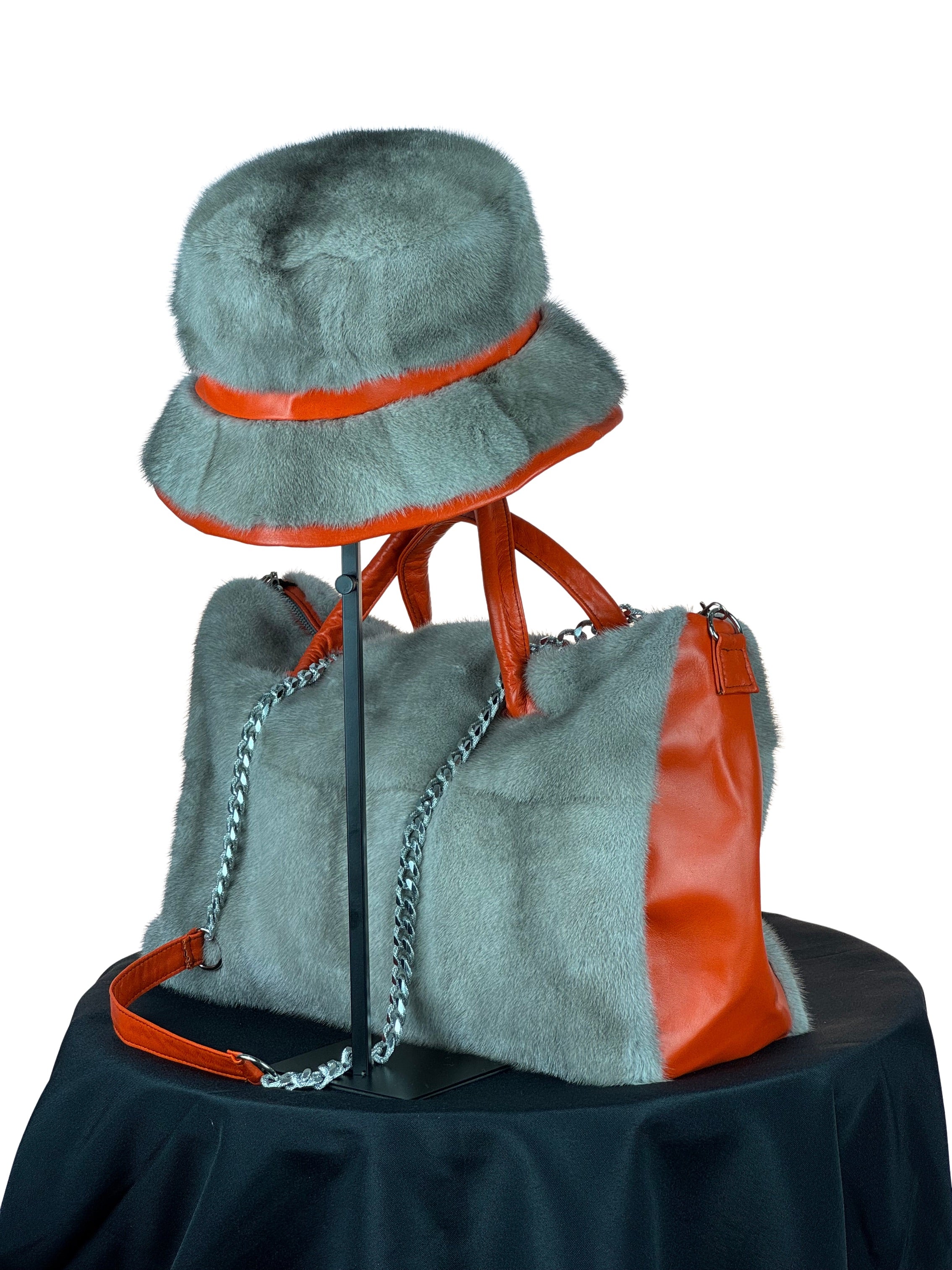 "Perfectly Paired" Large Bag With Matching Hat.Grey Mink & Orange Leather Inserts.