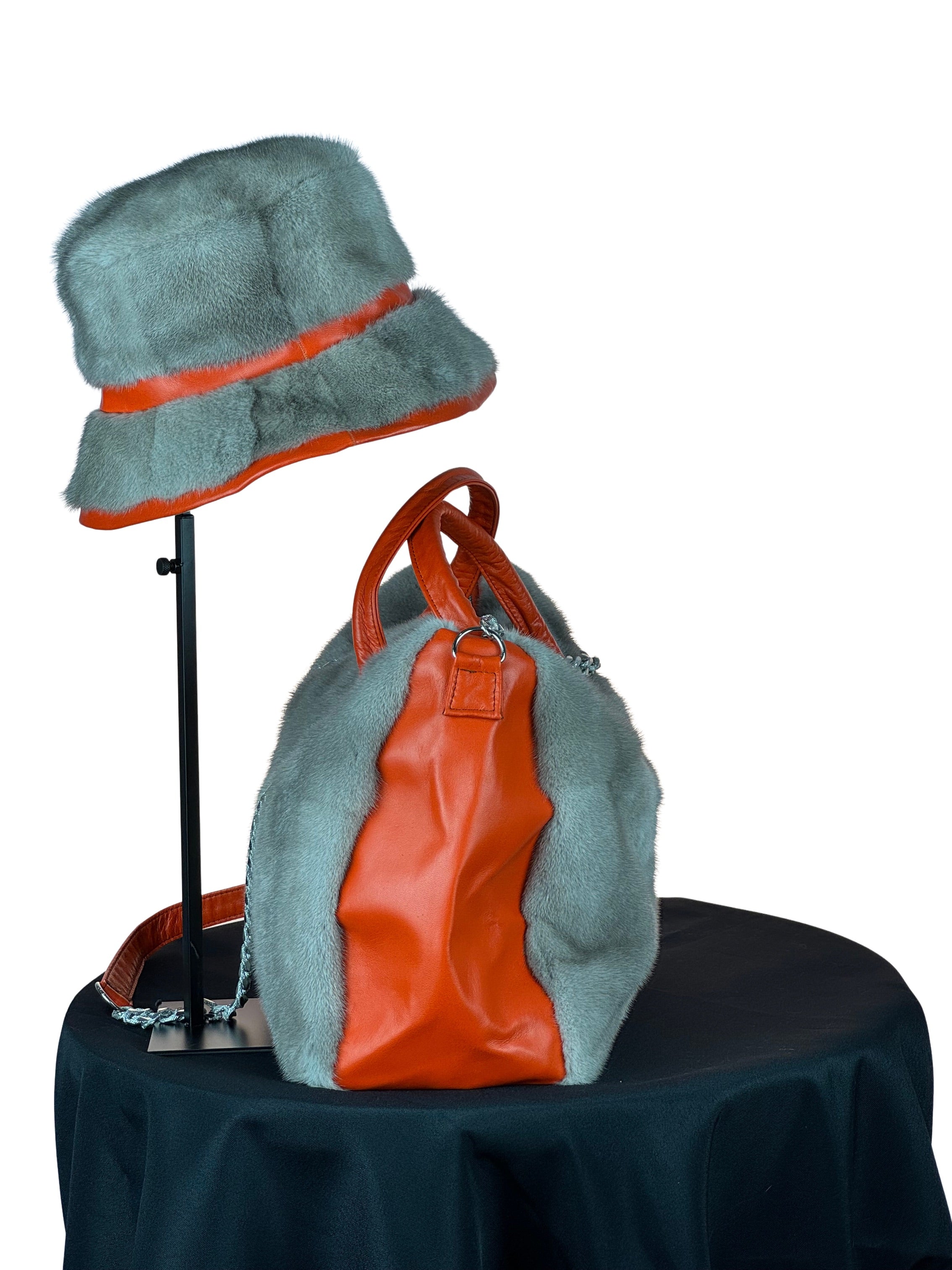 "Perfectly Paired" Large Bag With Matching Hat.Grey Mink & Orange Leather Inserts.