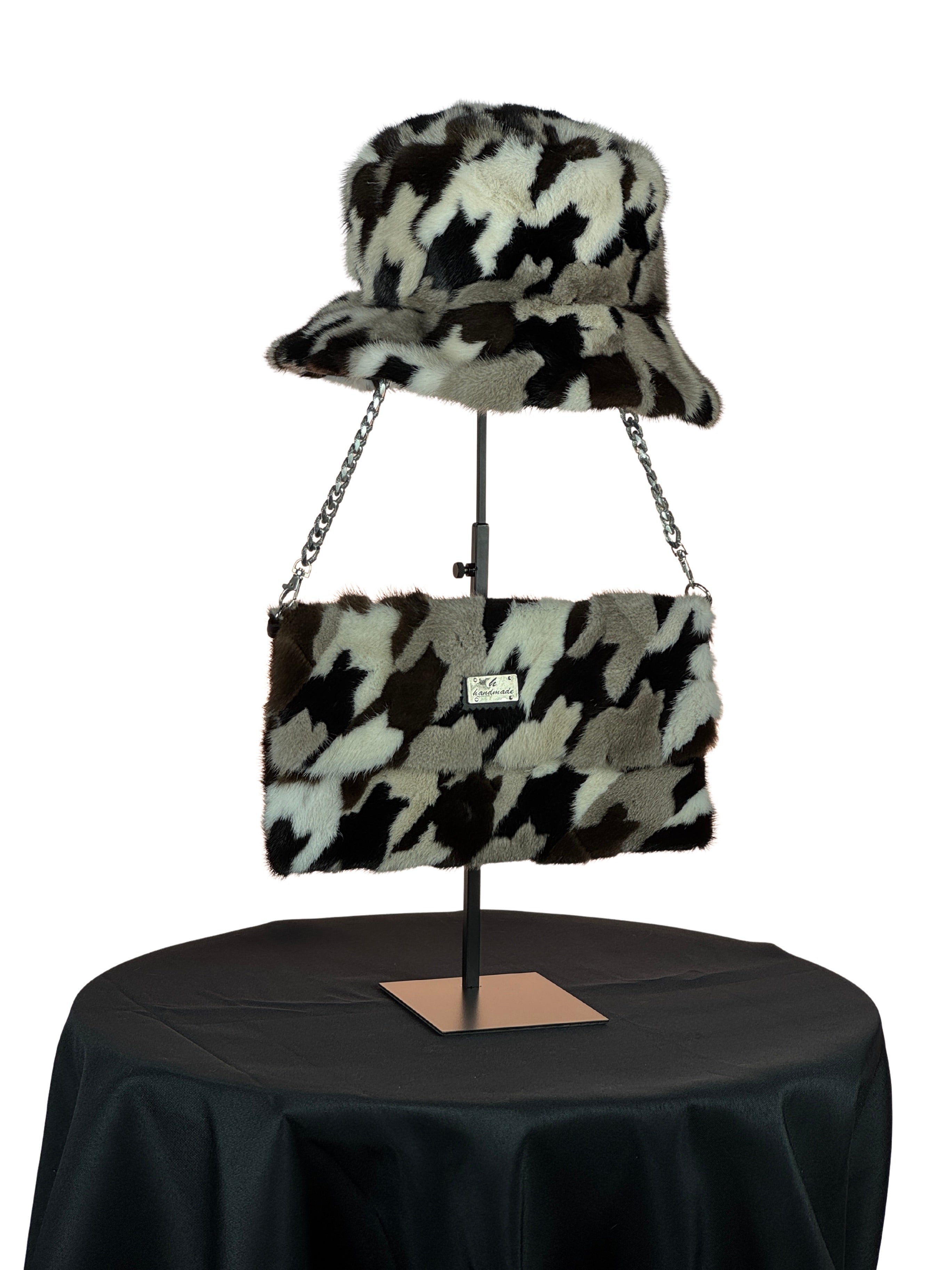 "The Fur Duet" Multi Mink Piece Stylish Chain Clutch Bag With Matching Hat