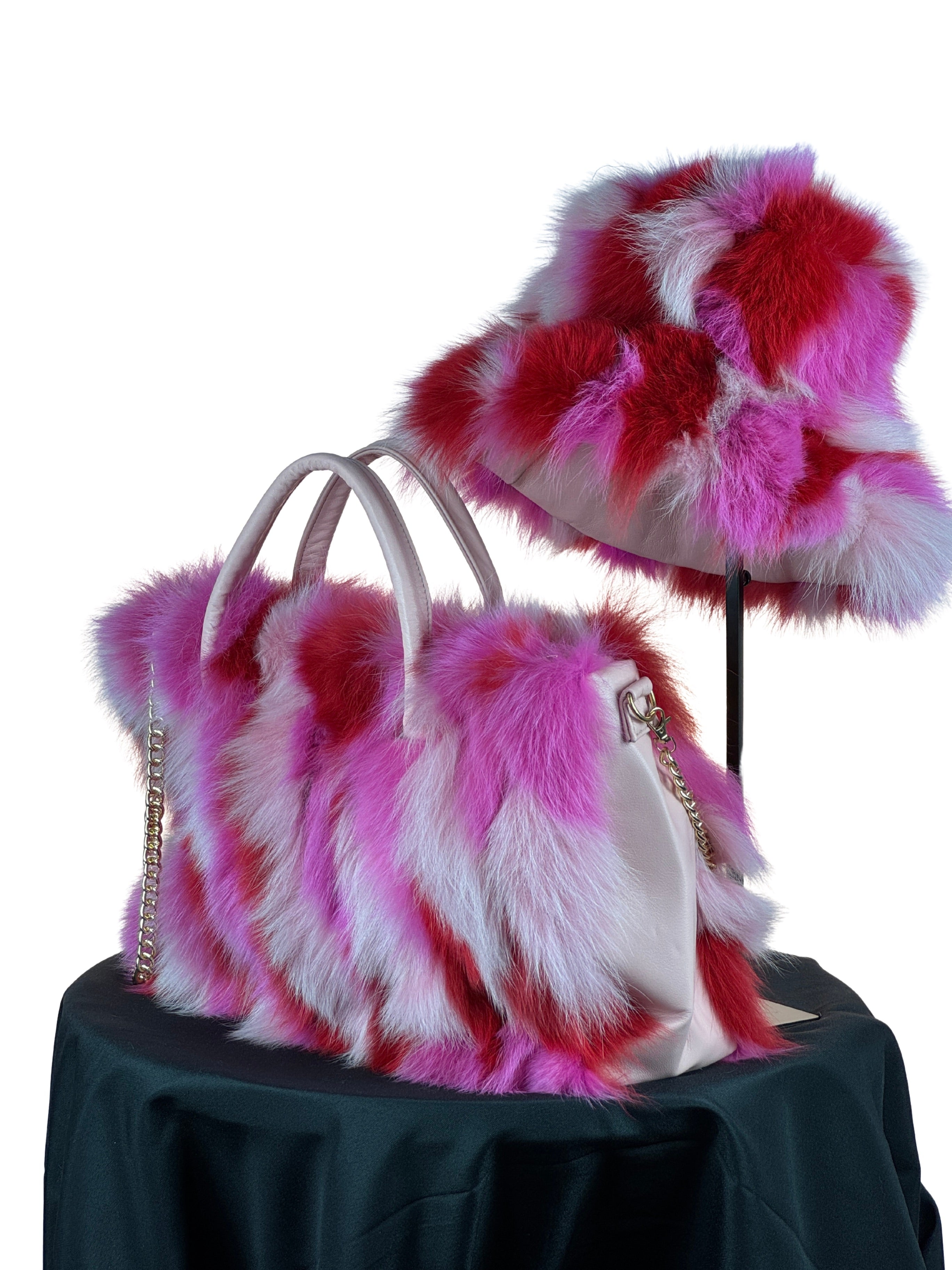 "Perfectly Paired" Vibrant Multi Pink Fox Portion Large Bag With Matching Hat.