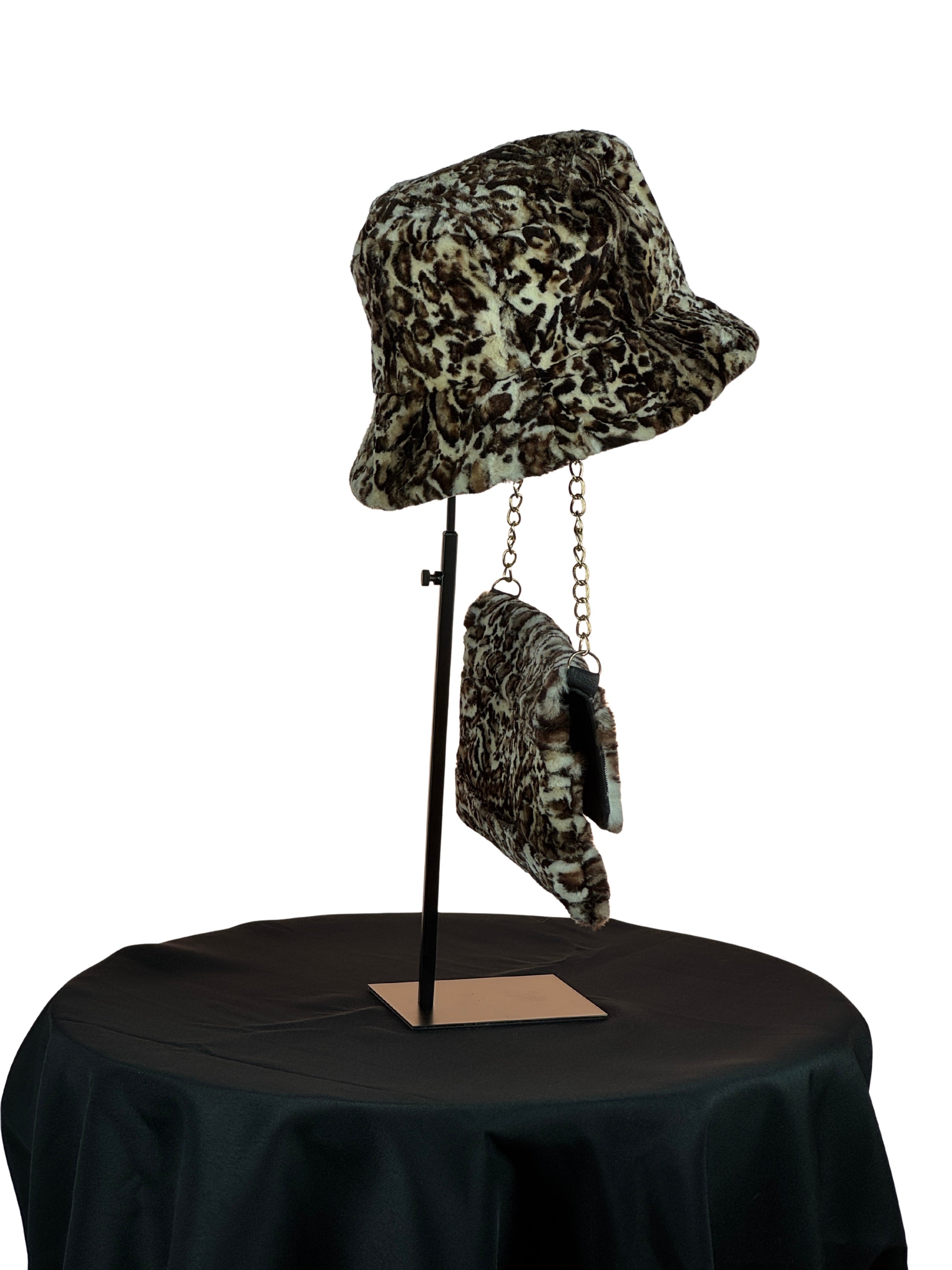 "The Fur Duet" Wild Print Sheared Mink Piece Stylish Chain Clutch Bag With Matching Hat.