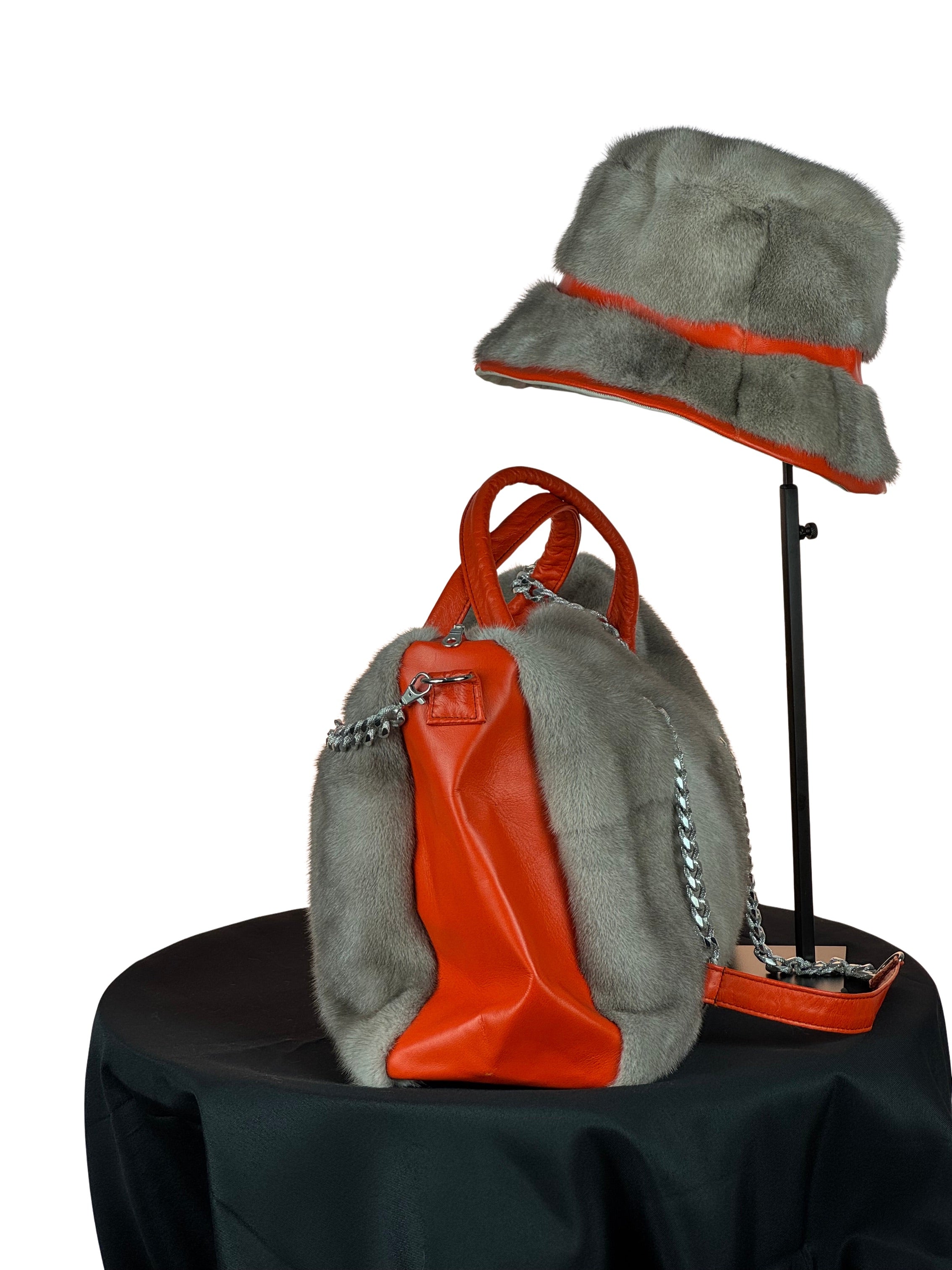 "Perfectly Paired" Large Bag With Matching Hat.Grey Mink & Orange Leather Inserts.