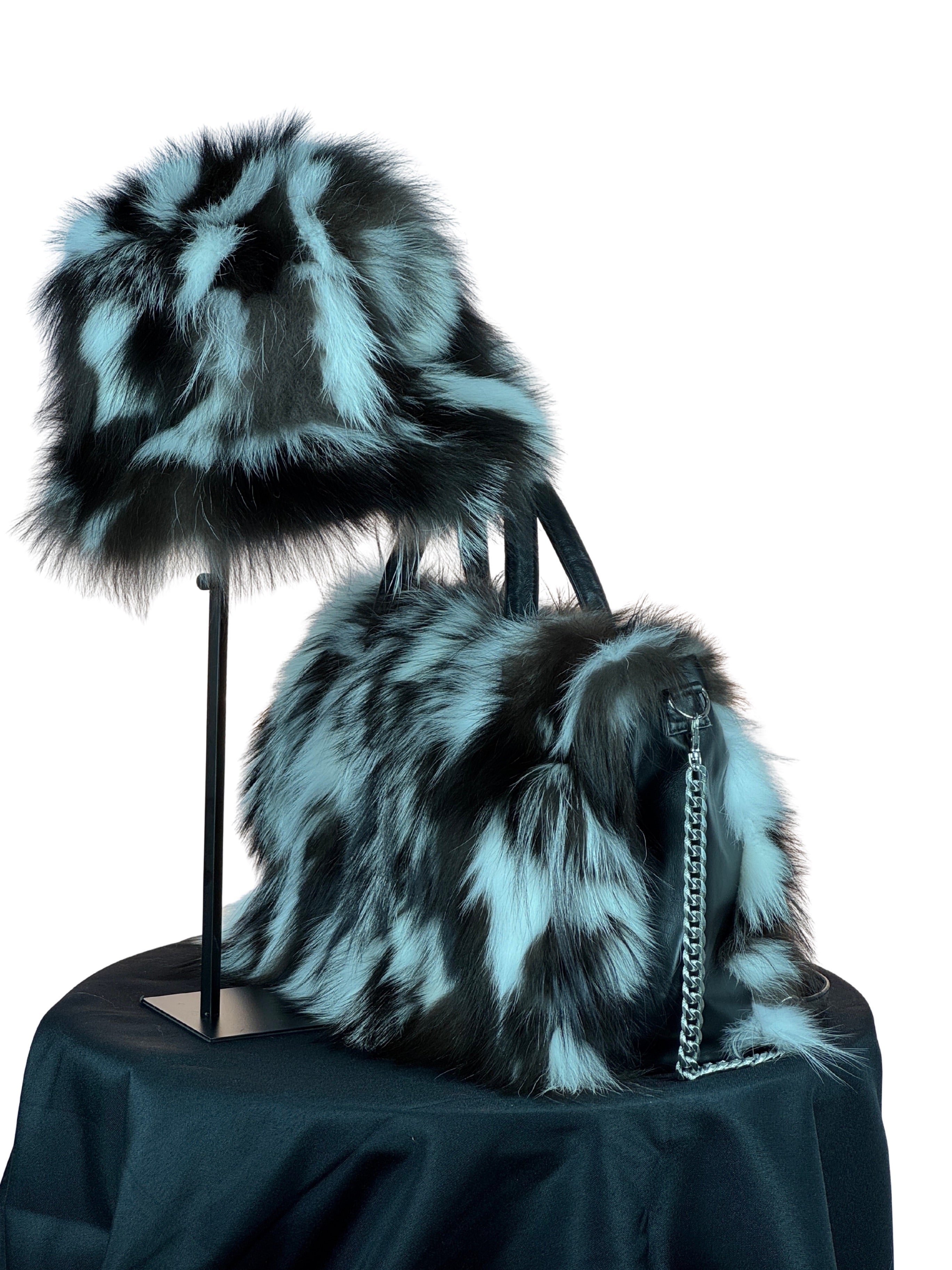 "Perfectly Paired" Vibrant Multi Black and White Fox Portion Large Bag With Matching Hat