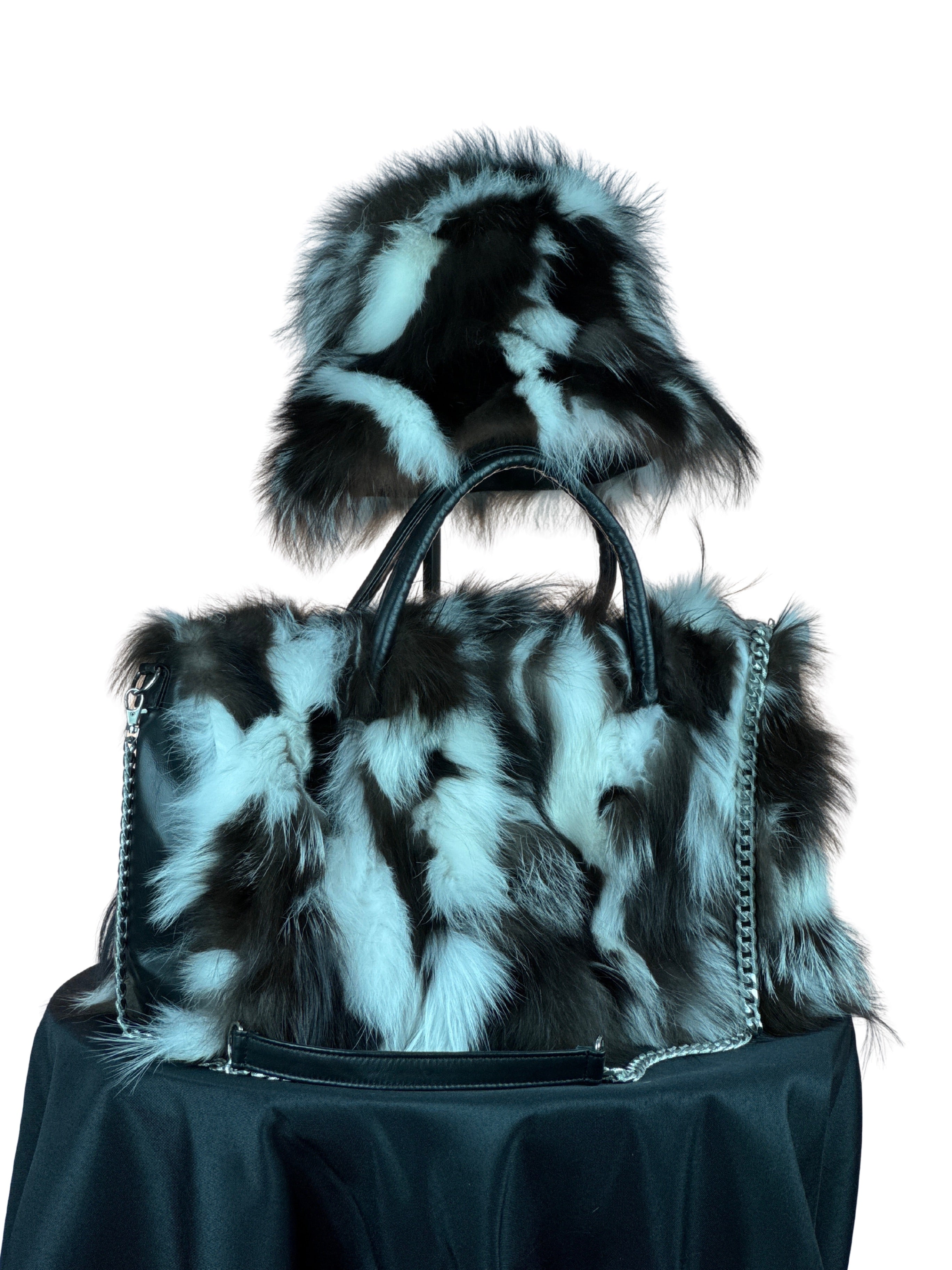 "Perfectly Paired" Vibrant Multi Black and White Fox Portion Large Bag With Matching Hat