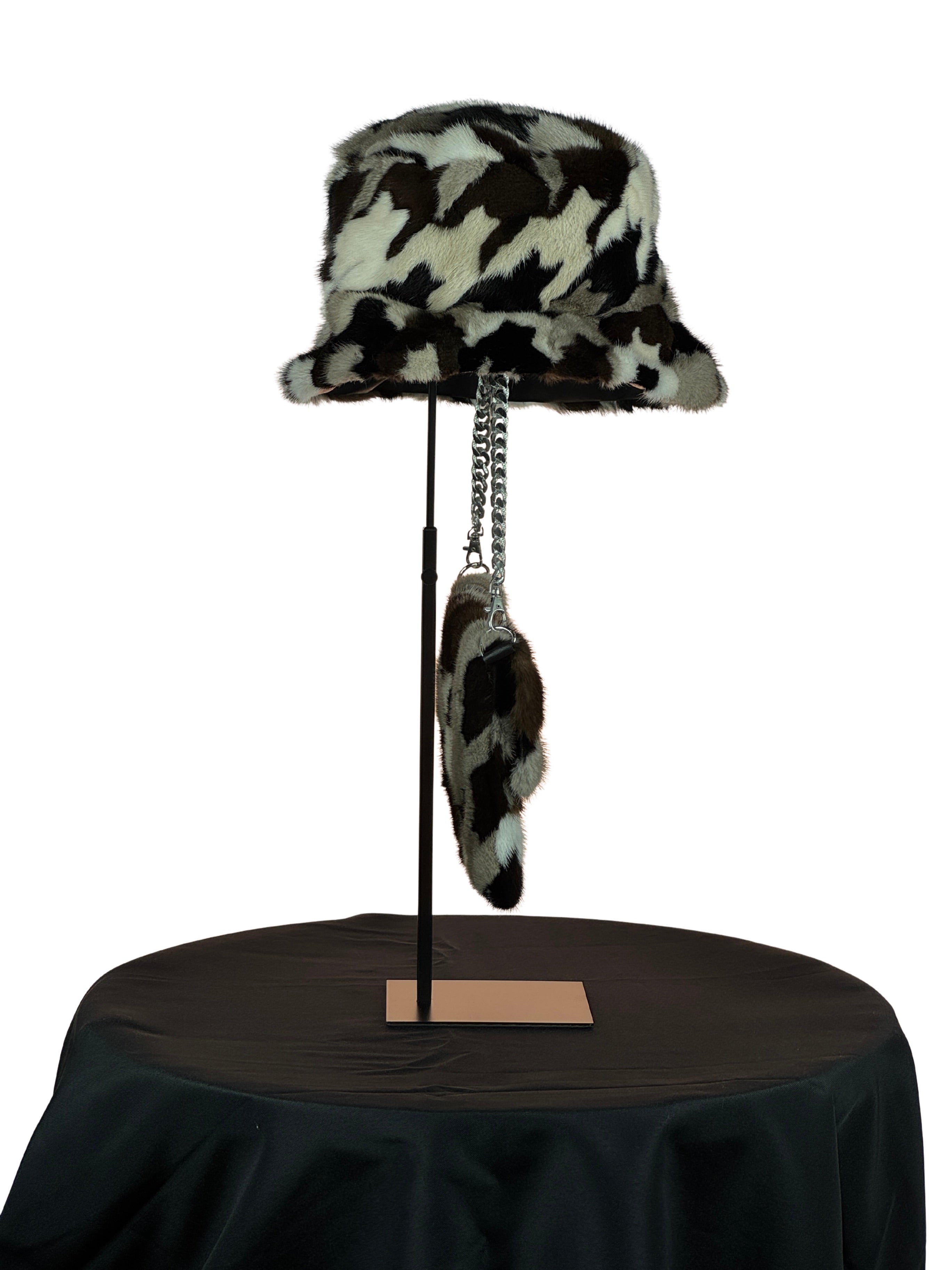 "The Fur Duet" Multi Mink Piece Stylish Chain Clutch Bag With Matching Hat