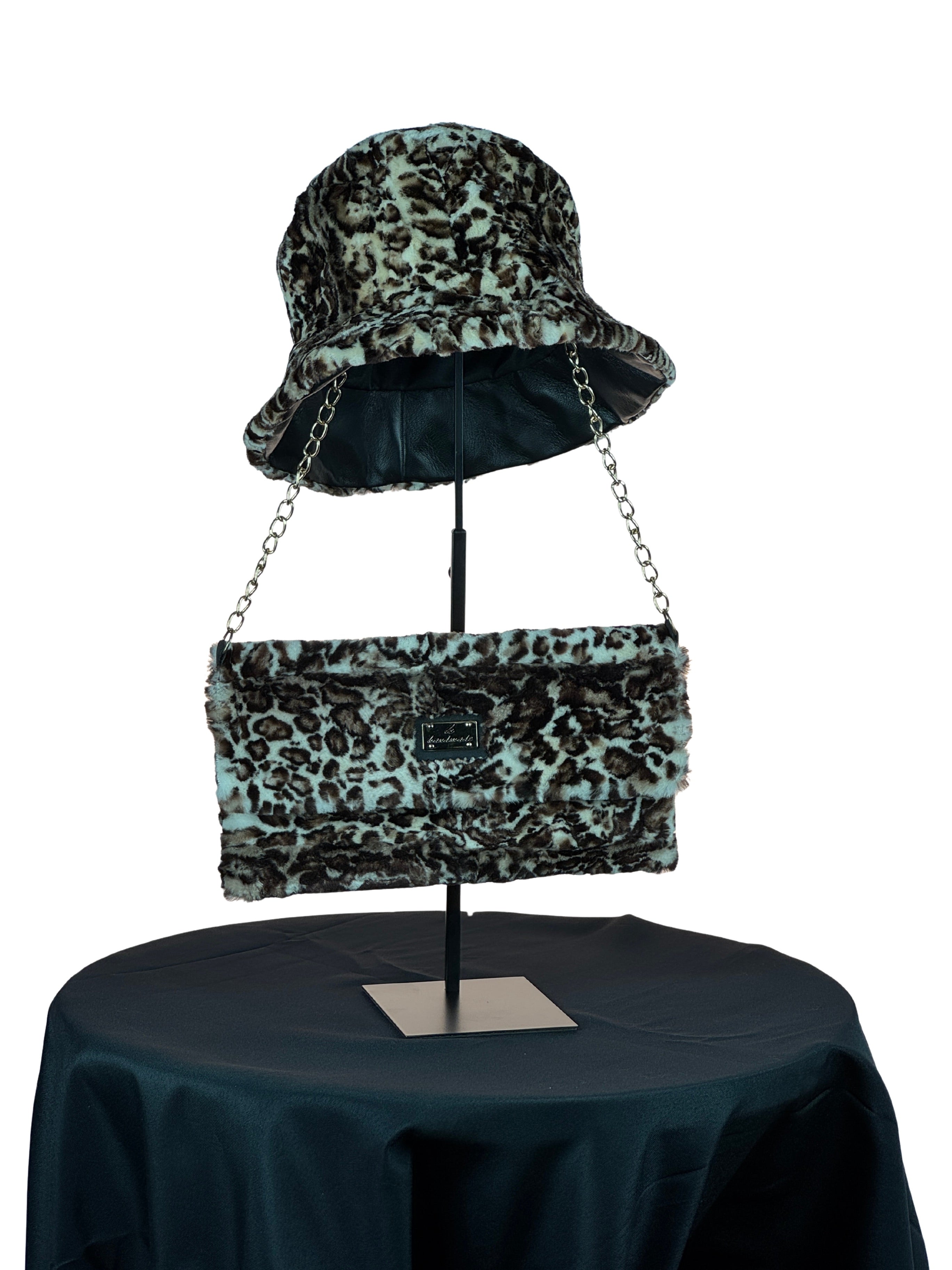 "The Fur Duet" Wild Print Sheared Mink Piece Stylish Chain Clutch Bag With Matching Hat.