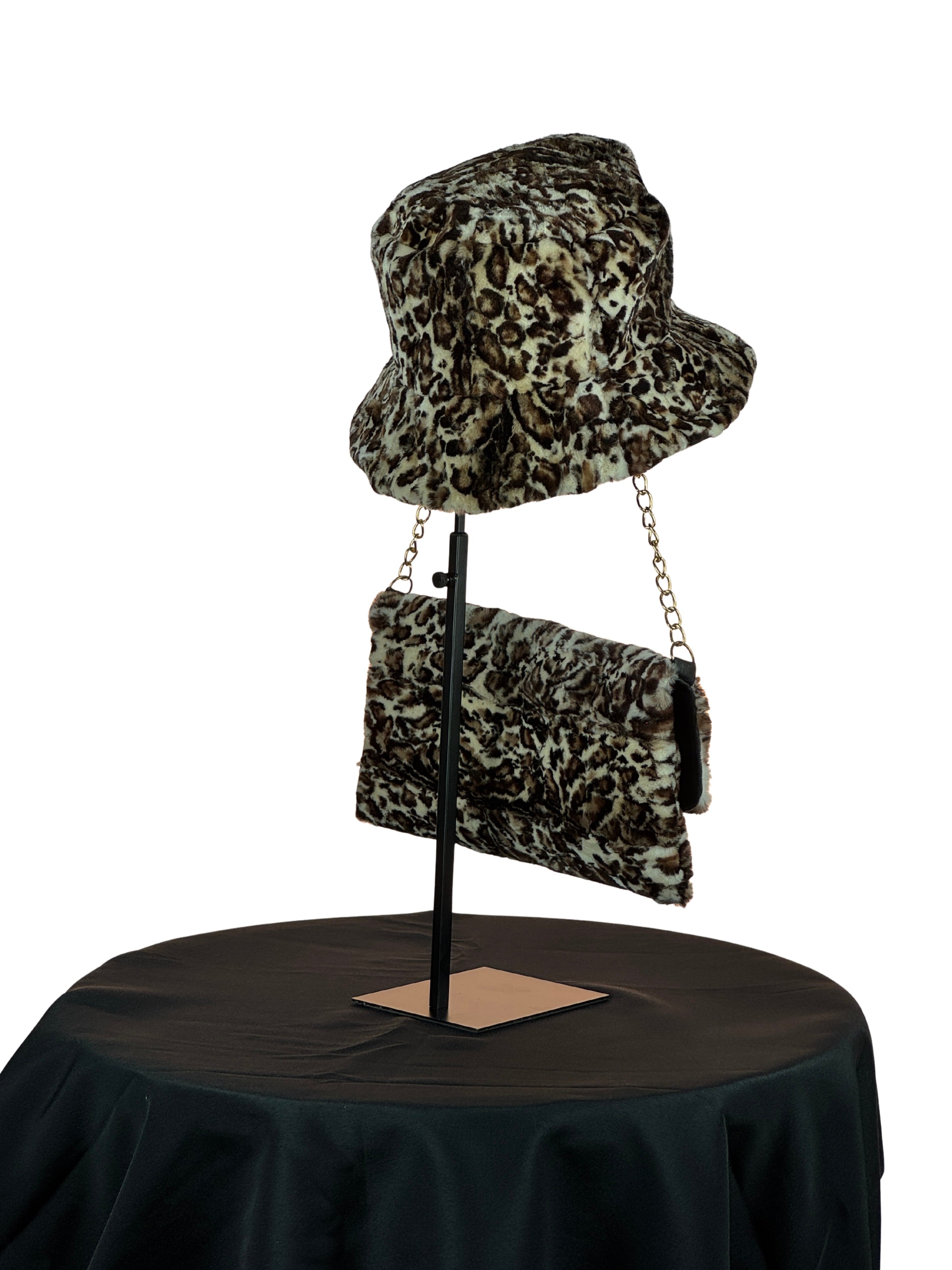 "The Fur Duet" Wild Print Sheared Mink Piece Stylish Chain Clutch Bag With Matching Hat.