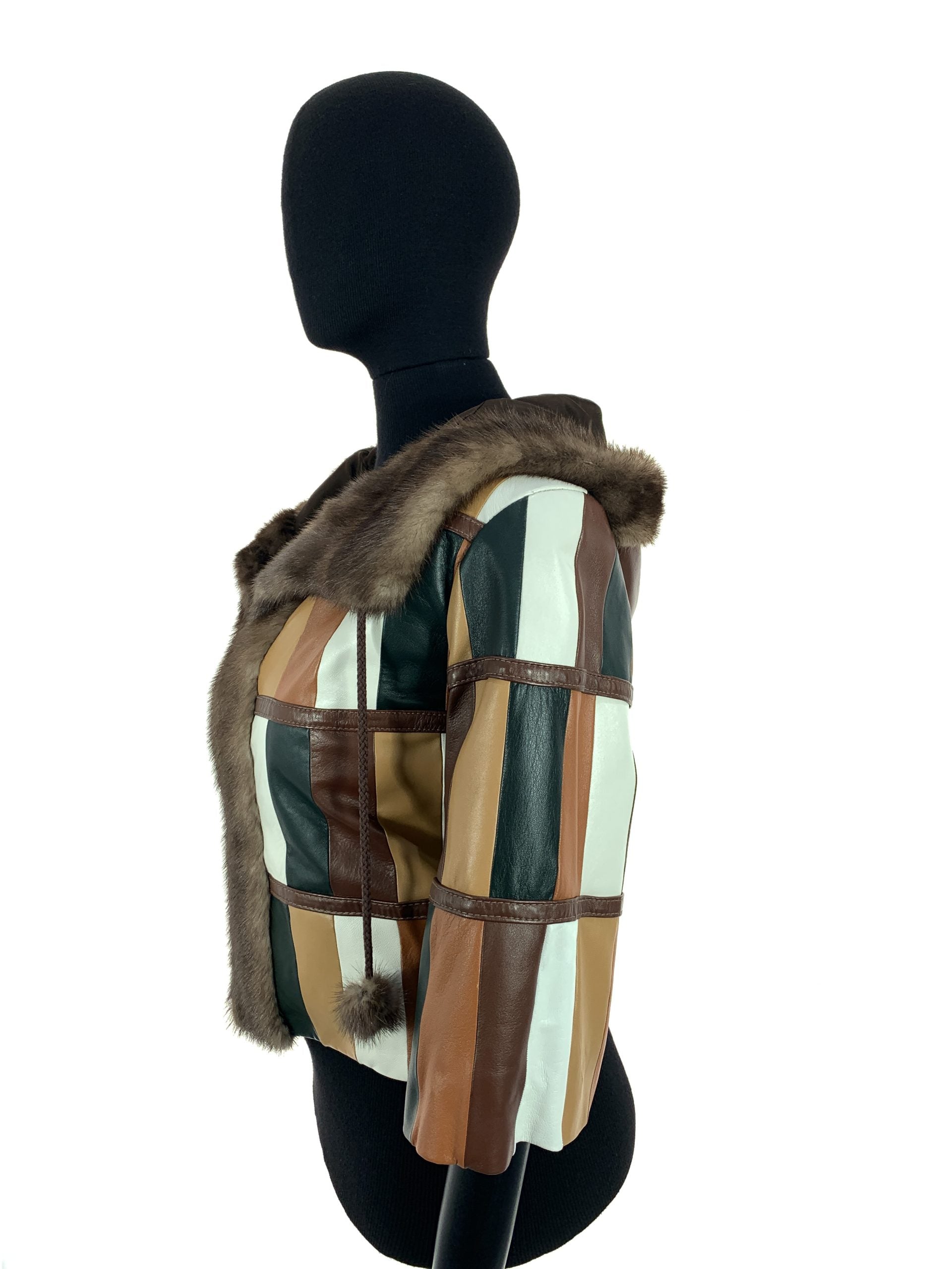 Multi Colour Patch Work Nappa Leather Hooded Jacket With Light Ranch Mink Trim