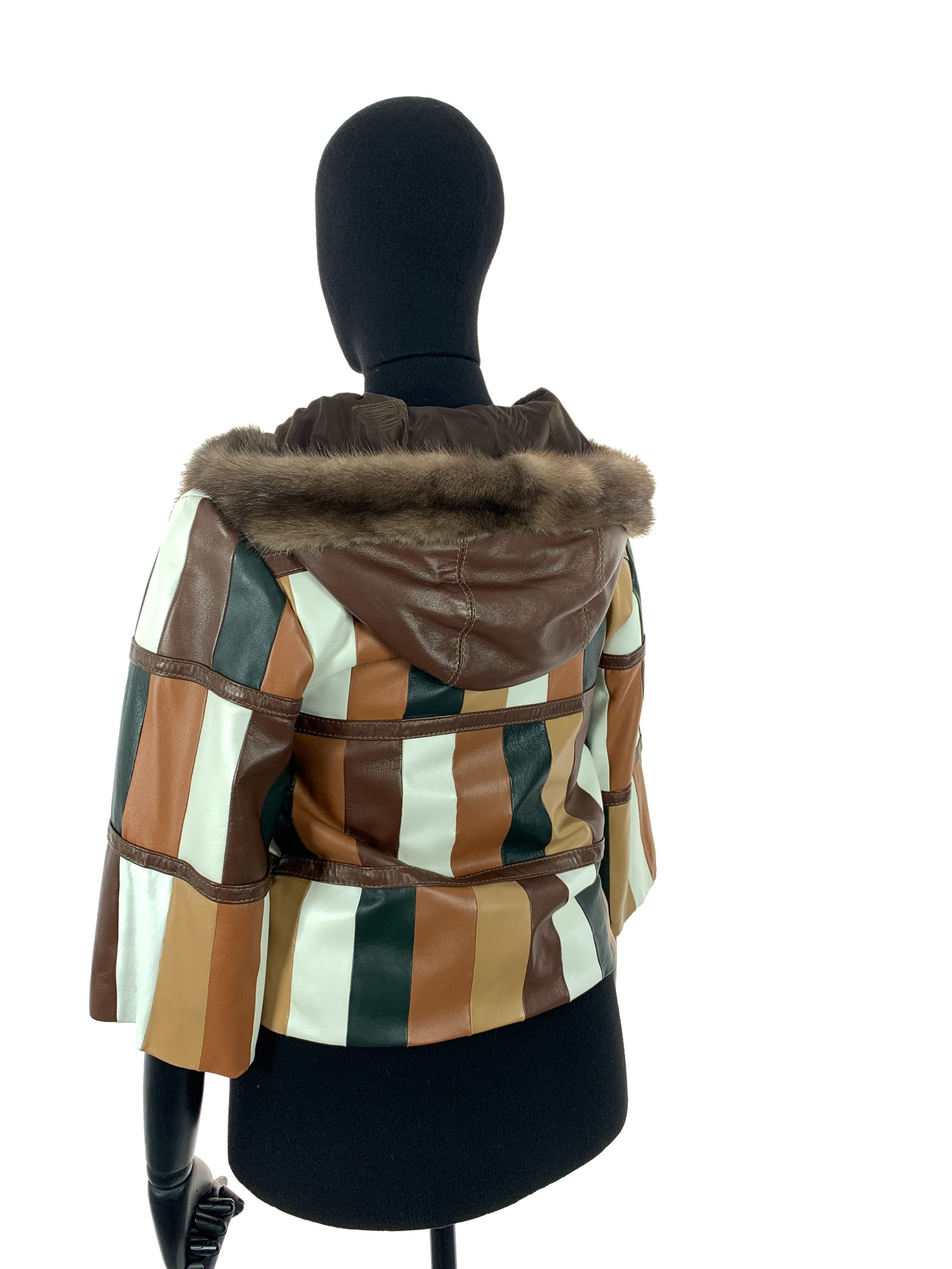 Multi Colour Patch Work Nappa Leather Hooded Jacket With Light Ranch Mink Trim