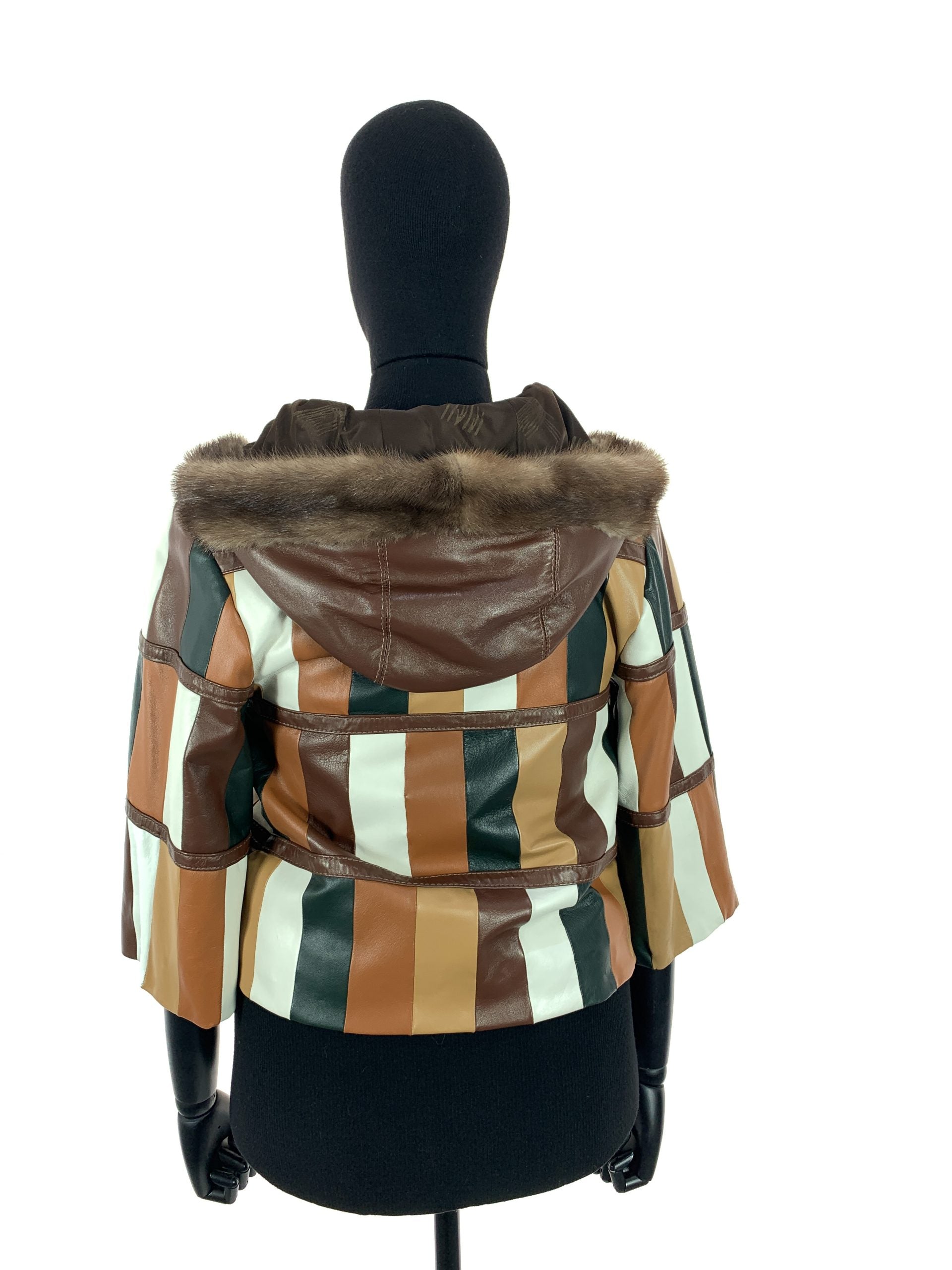 Multi Colour Patch Work Nappa Leather Hooded Jacket With Light Ranch Mink Trim