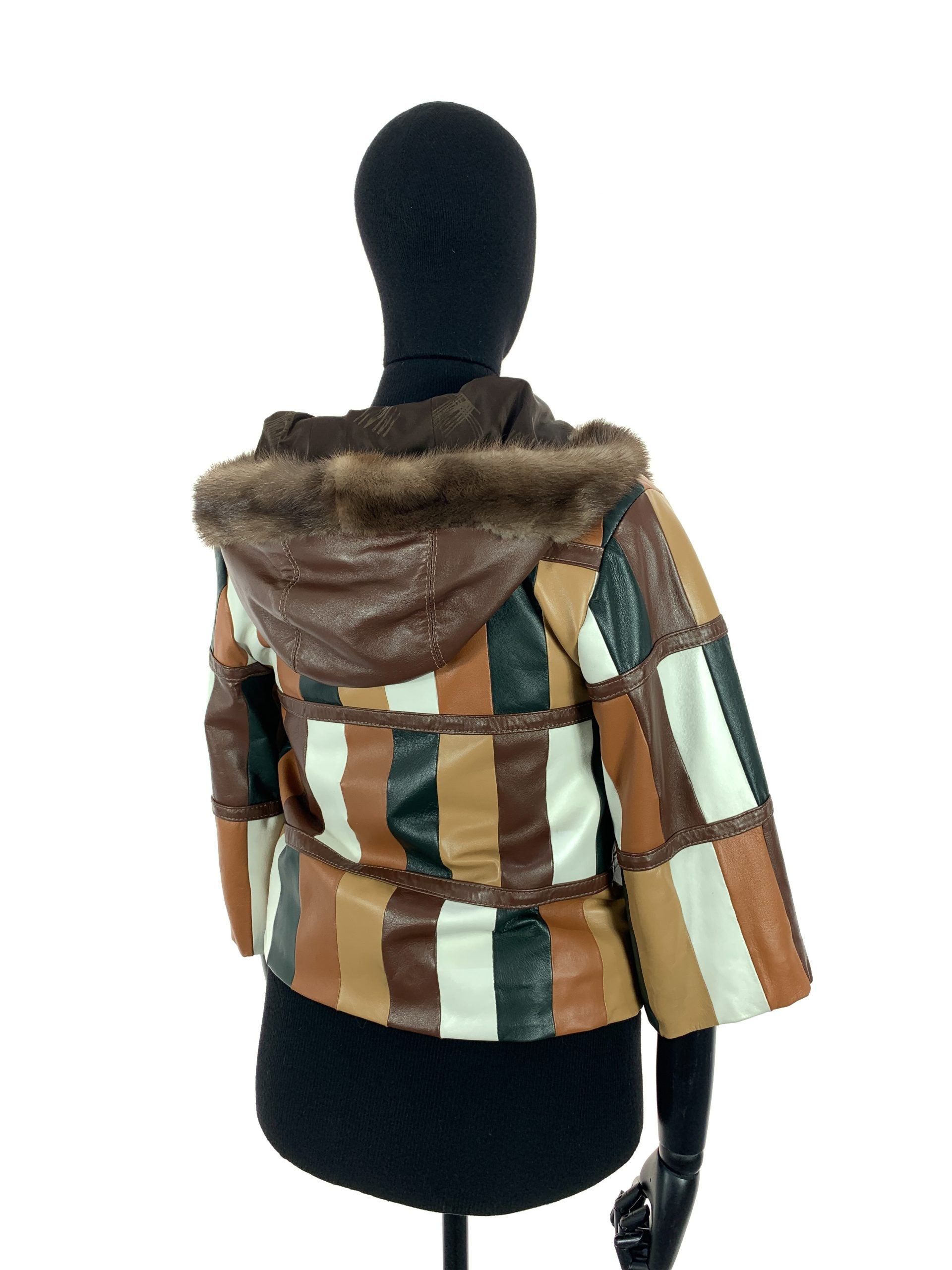Multi Colour Patch Work Nappa Leather Hooded Jacket With Light Ranch Mink Trim
