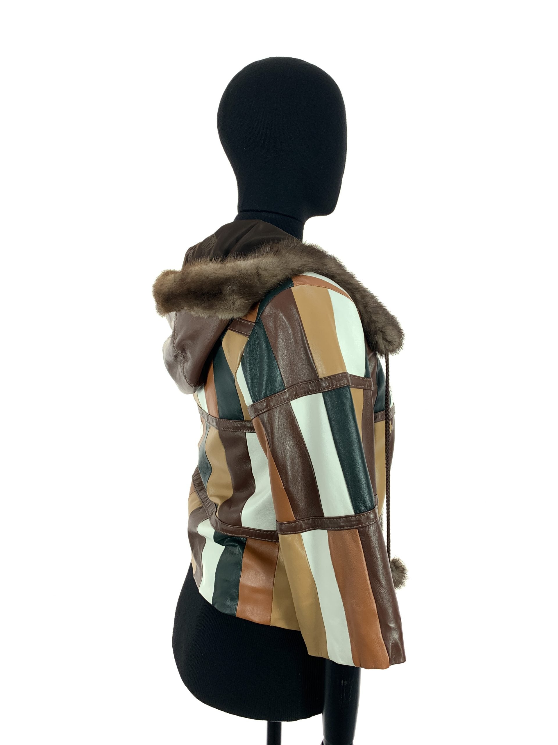 Multi Colour Patch Work Nappa Leather Hooded Jacket With Light Ranch Mink Trim