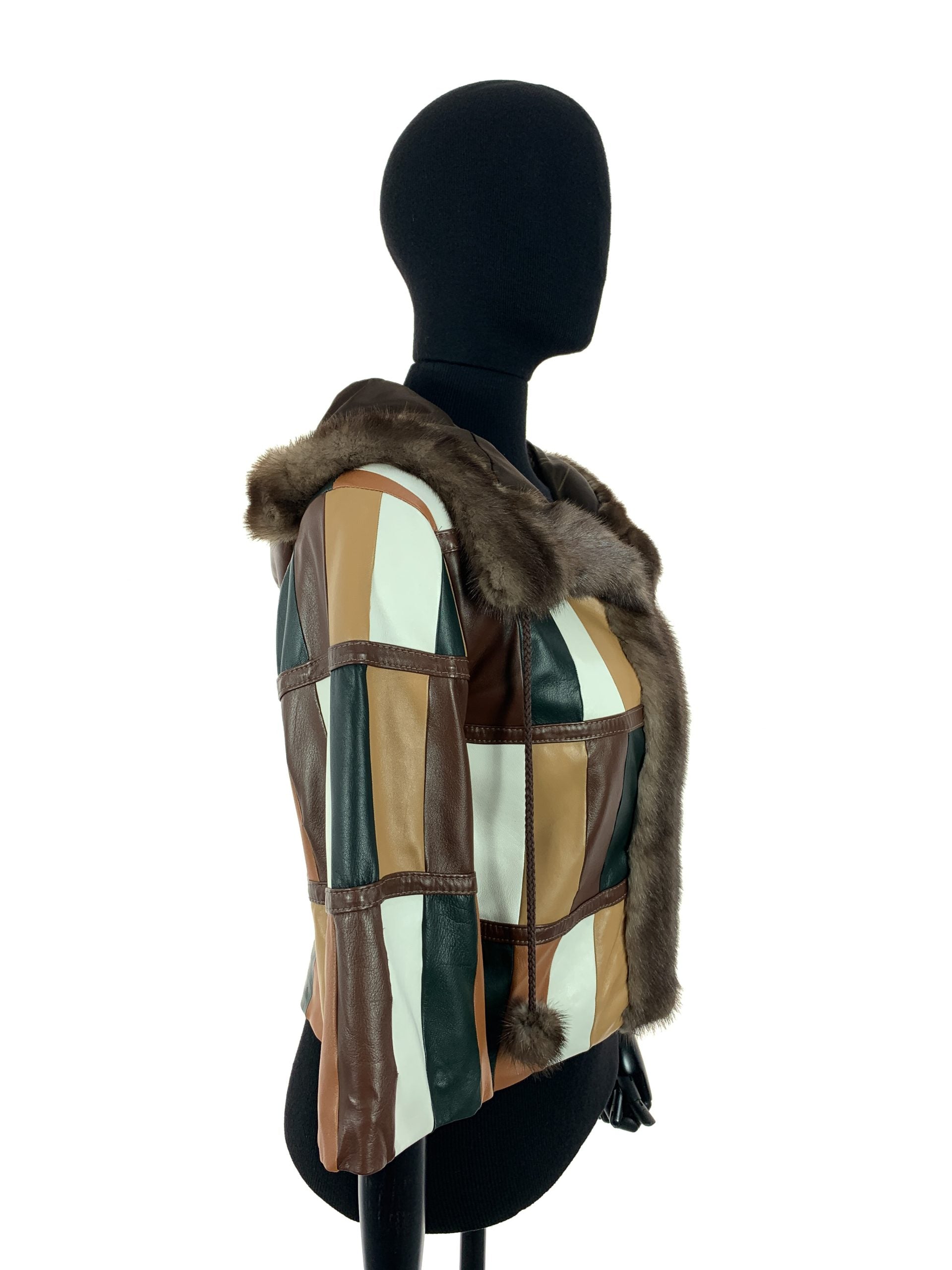 Multi Colour Patch Work Nappa Leather Hooded Jacket With Light Ranch Mink Trim