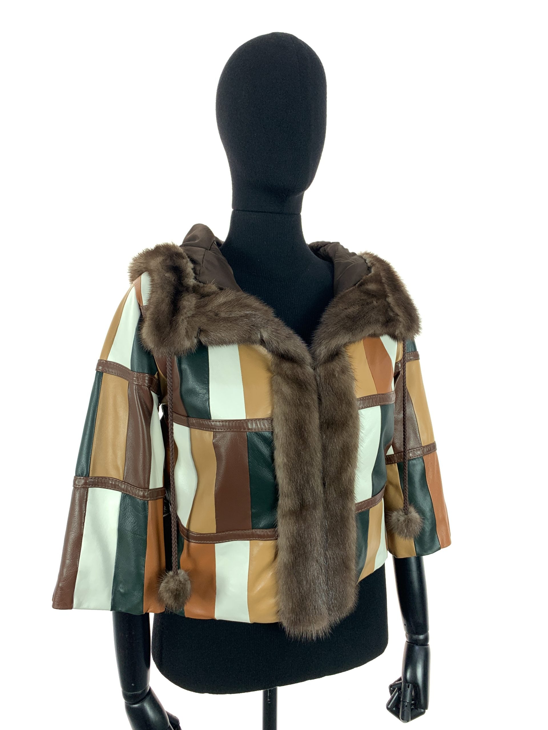 Multi Colour Patch Work Nappa Leather Hooded Jacket With Light Ranch Mink Trim