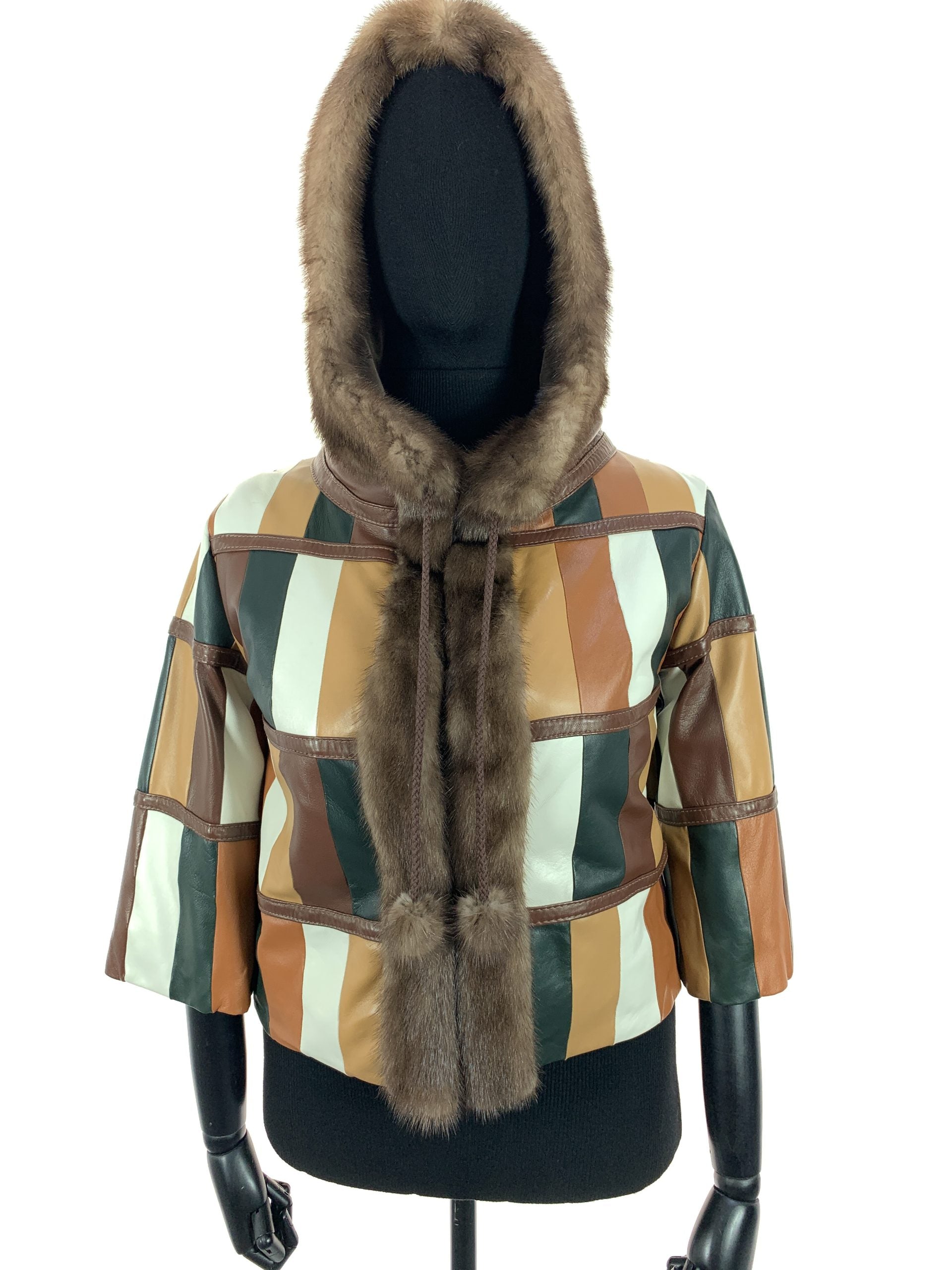 Multi Colour Patch Work Nappa Leather Hooded Jacket With Light Ranch Mink Trim