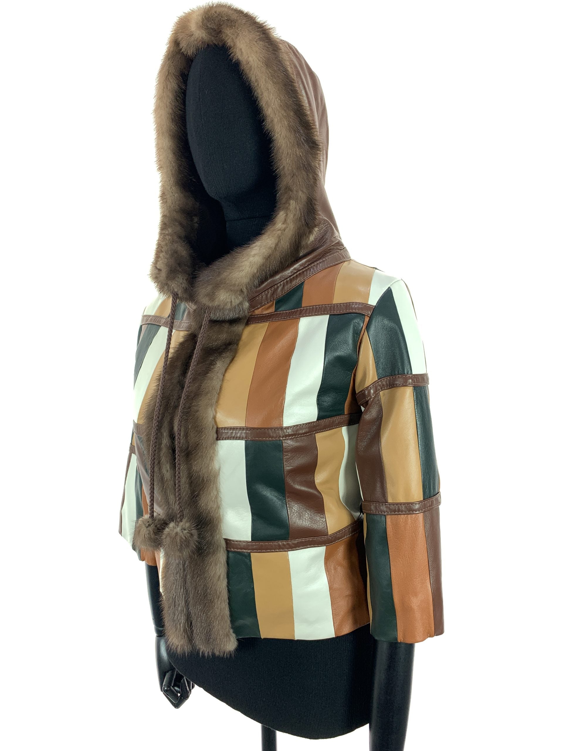 Multi Colour Patch Work Nappa Leather Hooded Jacket With Light Ranch Mink Trim