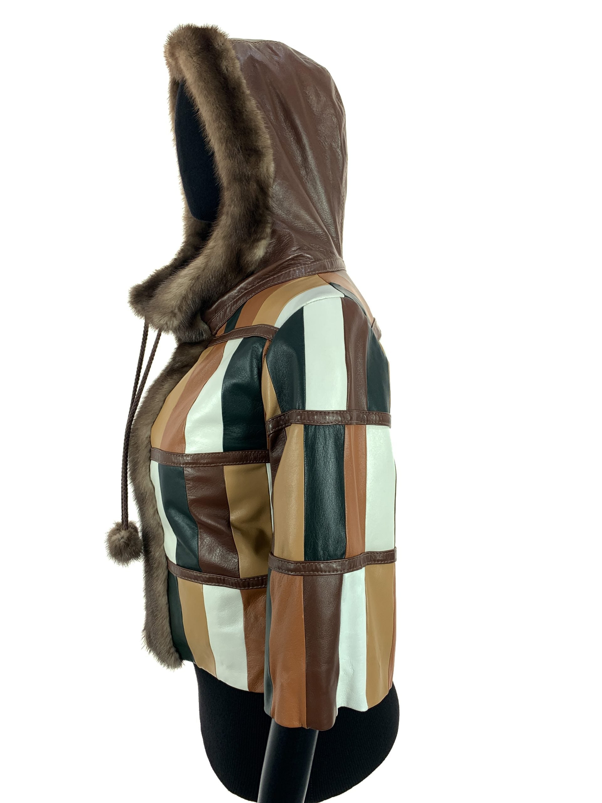 Multi Colour Patch Work Nappa Leather Hooded Jacket With Light Ranch Mink Trim