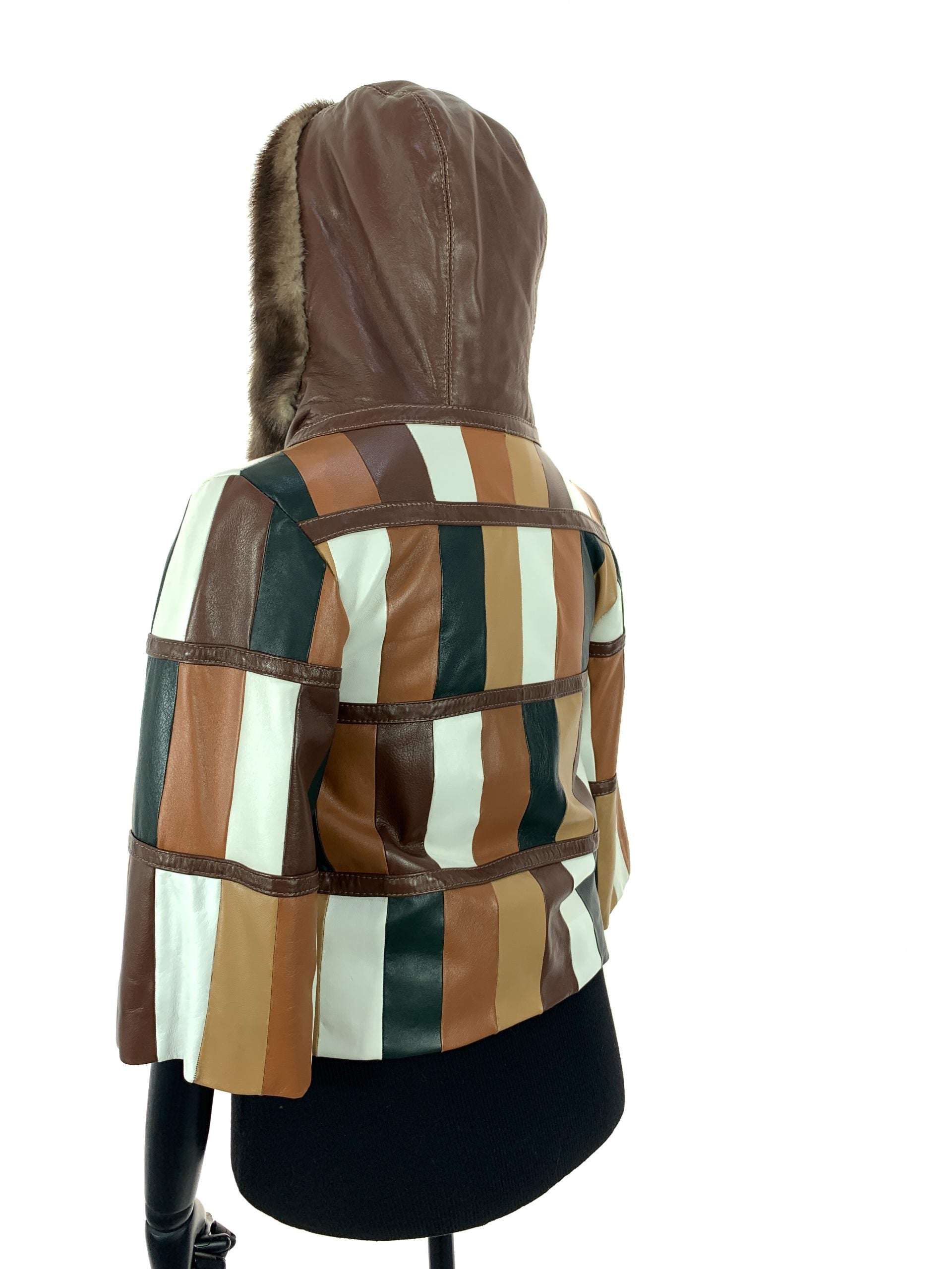 Multi Colour Patch Work Nappa Leather Hooded Jacket With Light Ranch Mink Trim