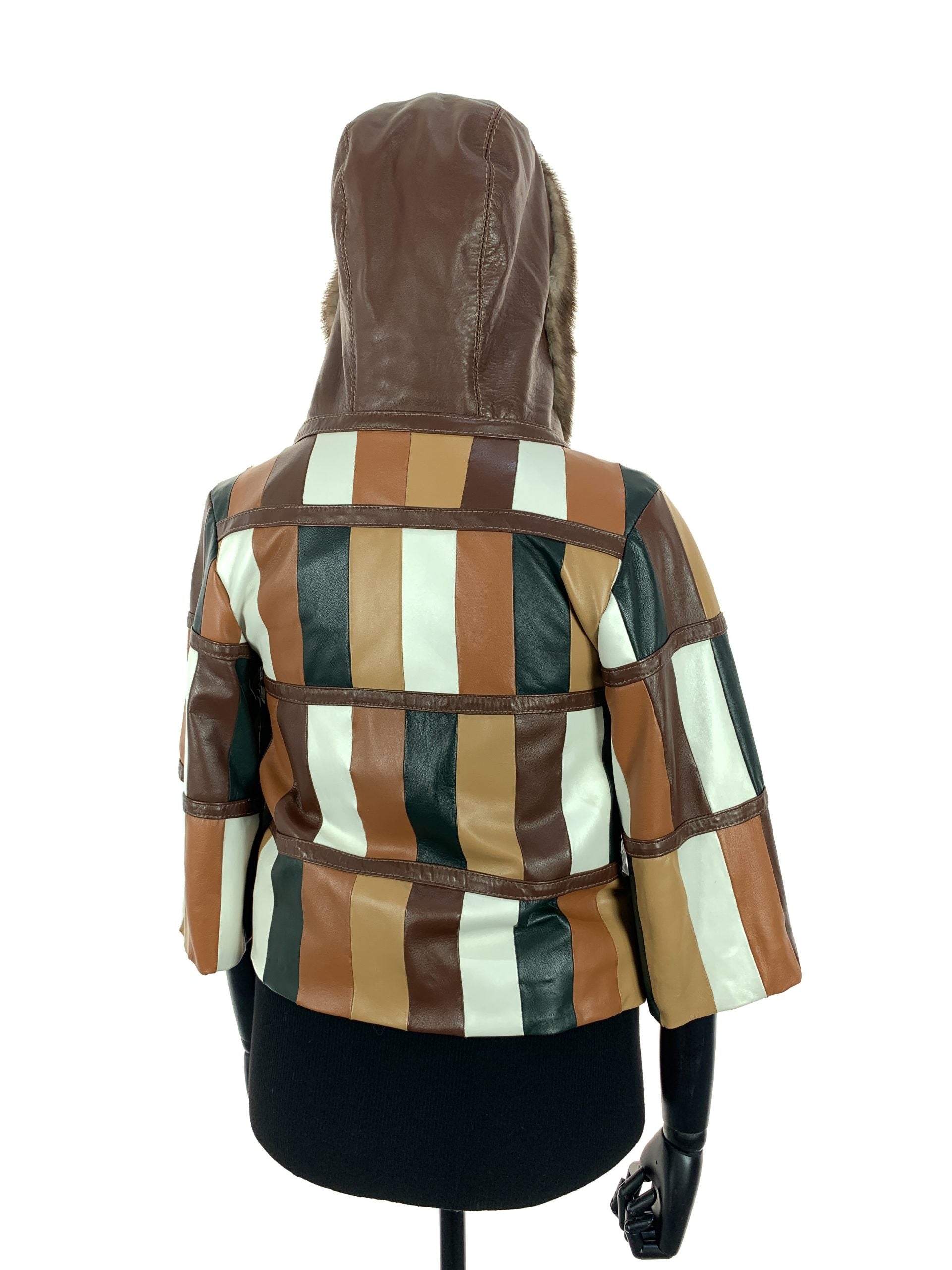 Multi Colour Patch Work Nappa Leather Hooded Jacket With Light Ranch Mink Trim
