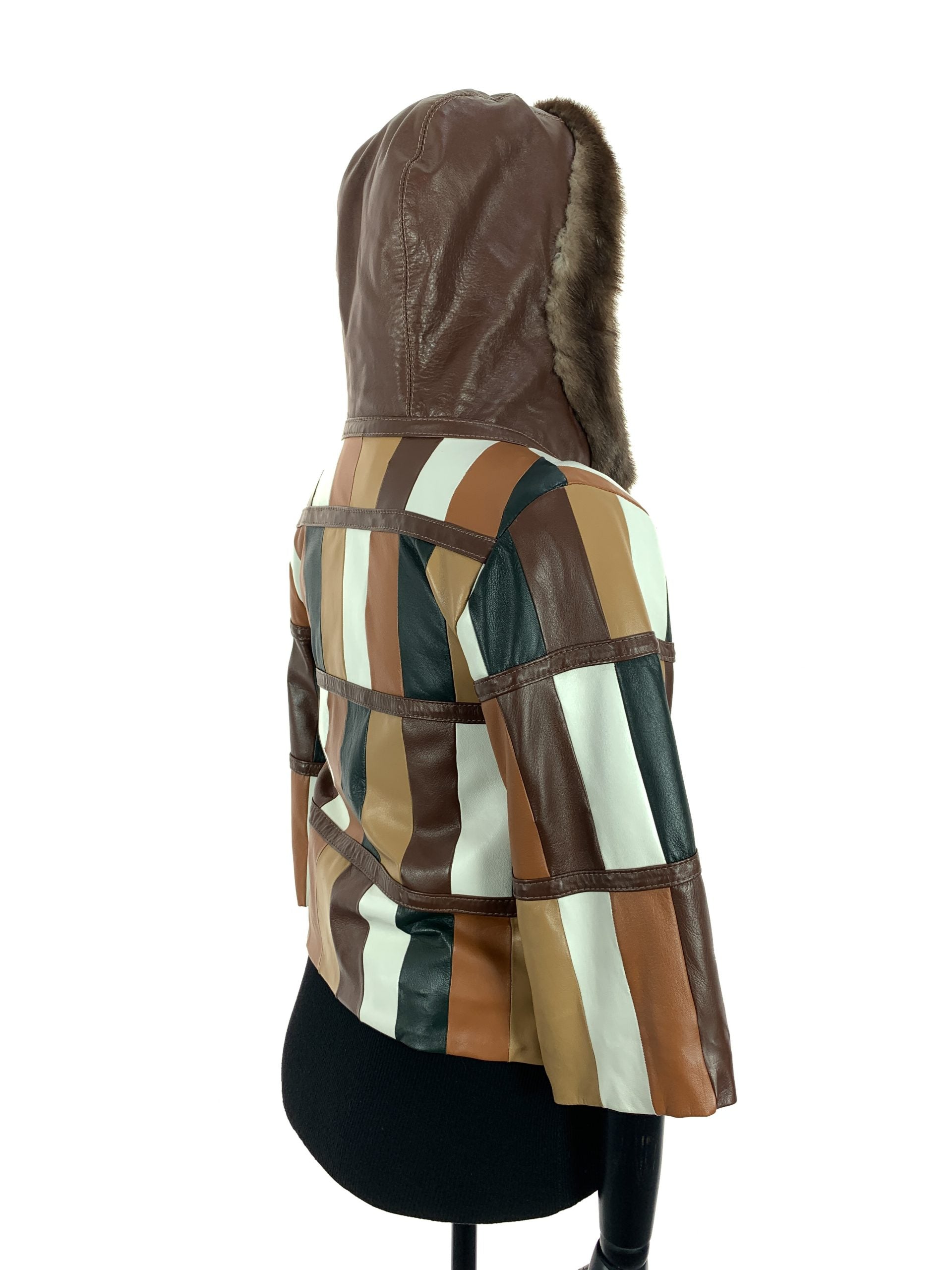 Multi Colour Patch Work Nappa Leather Hooded Jacket With Light Ranch Mink Trim