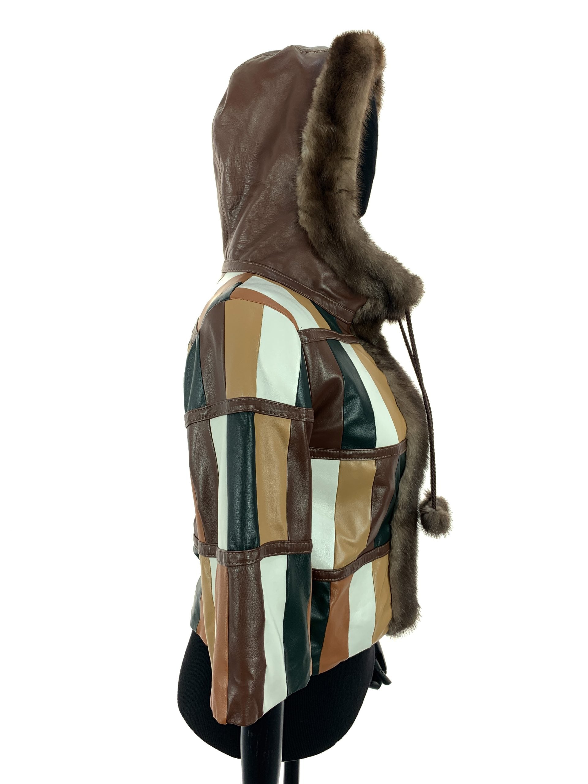 Multi Colour Patch Work Nappa Leather Hooded Jacket With Light Ranch Mink Trim