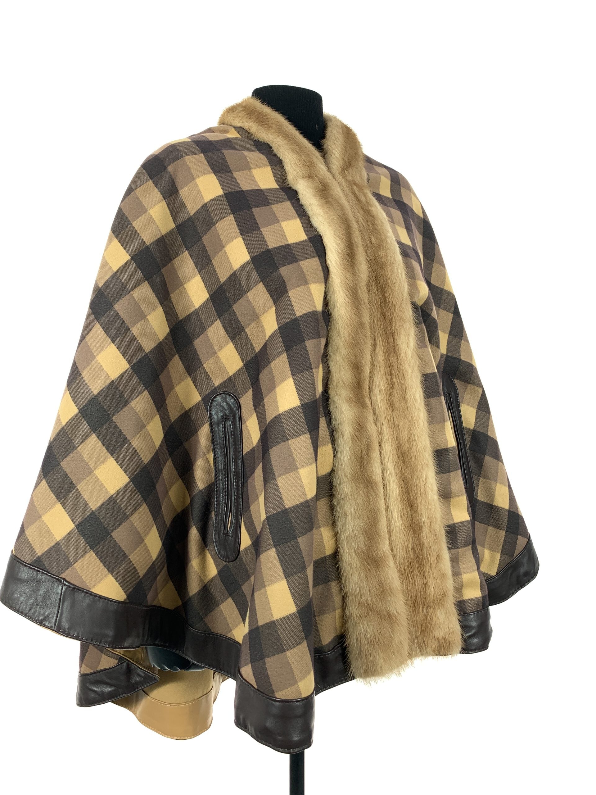 Tartan Brown block reversible with palomino mink trim