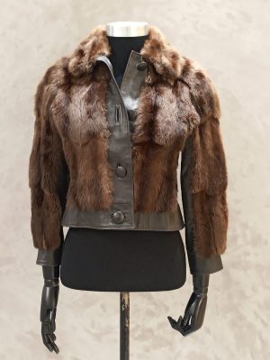 Taupe Brown Russian Squirrel jacket with brown leather inserts